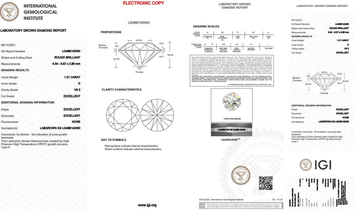 1.01ct D/VS2 RBC Lab Created Diamond IGI#LG488142450