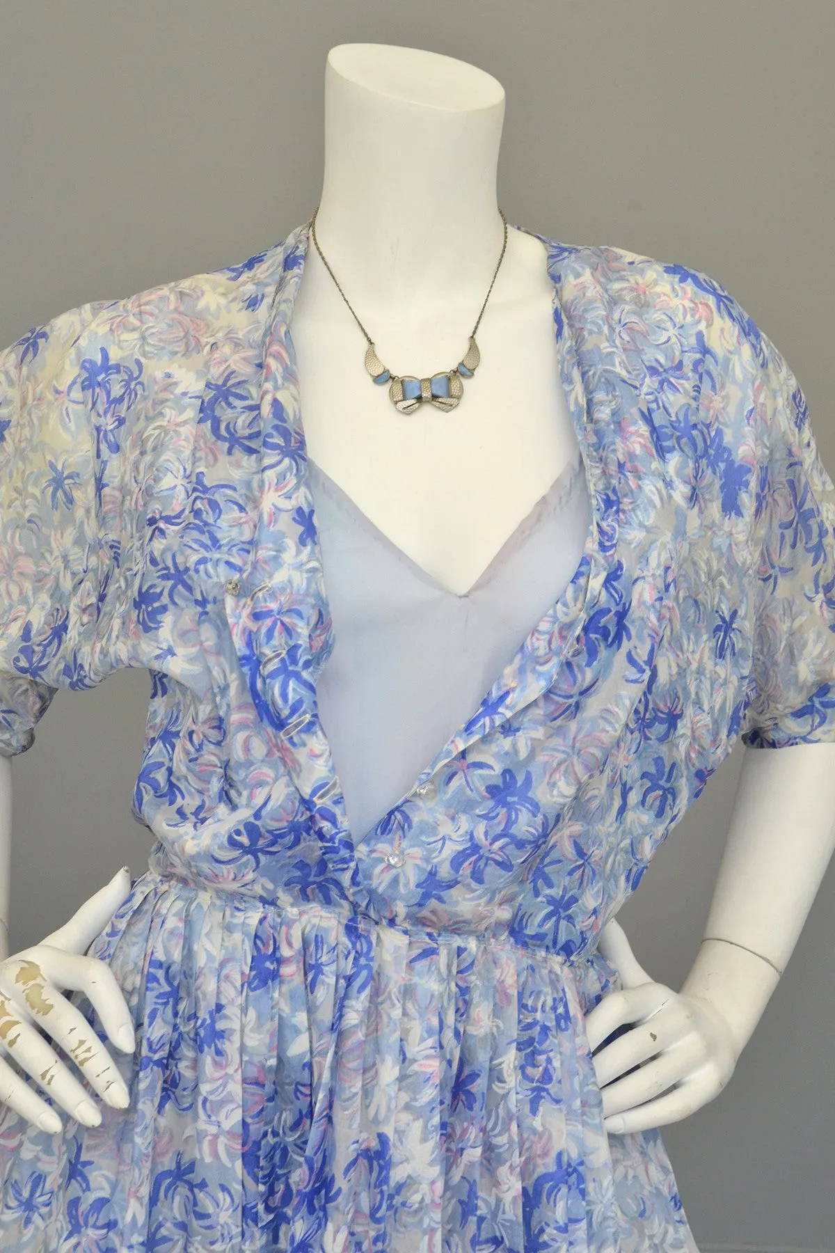 1940s 50s Semi Sheer Petal Print Two Piece Party Dress by Henry Rosenfeld