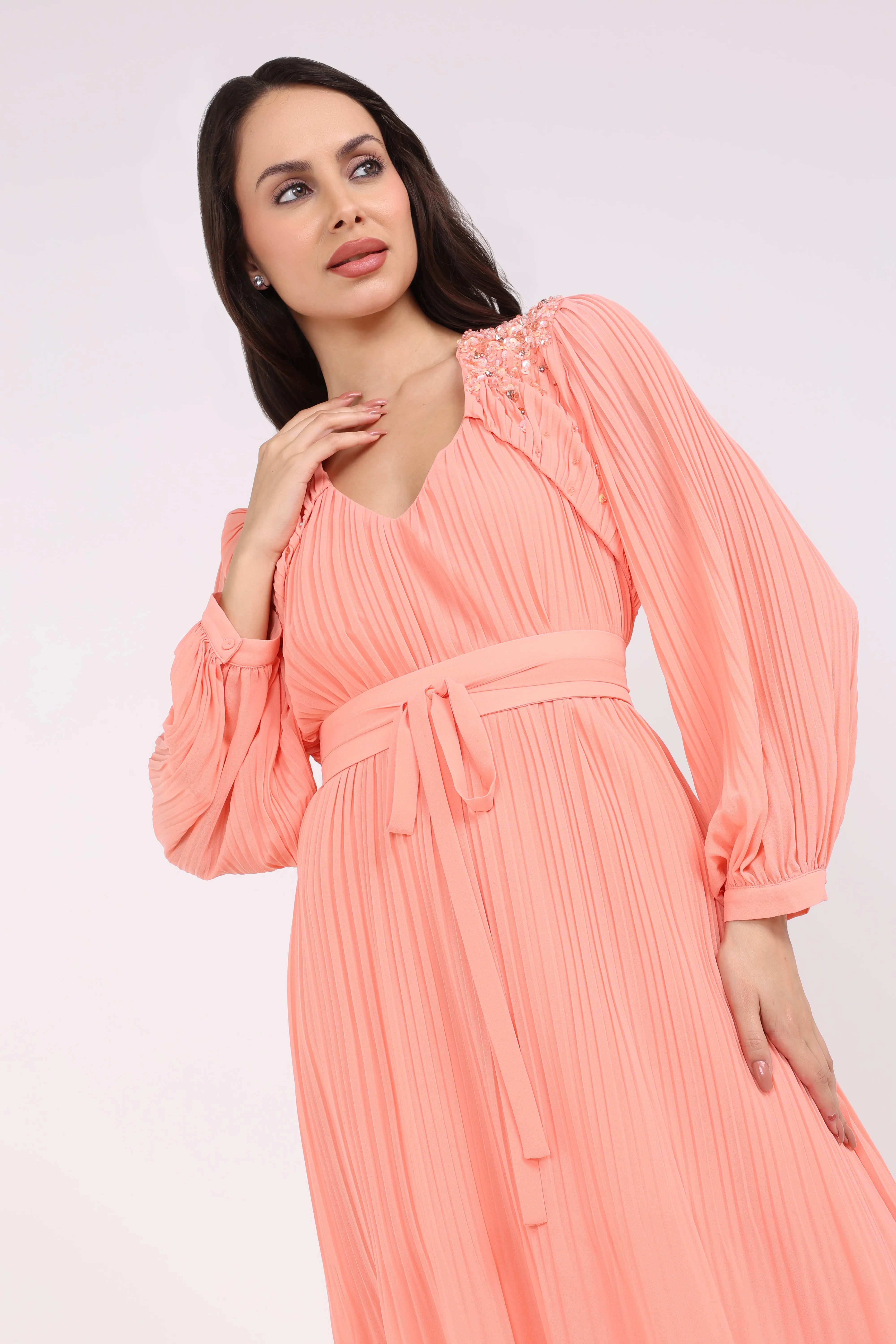 2406192-Solid Embellished Shoulders Plisse Long Dress