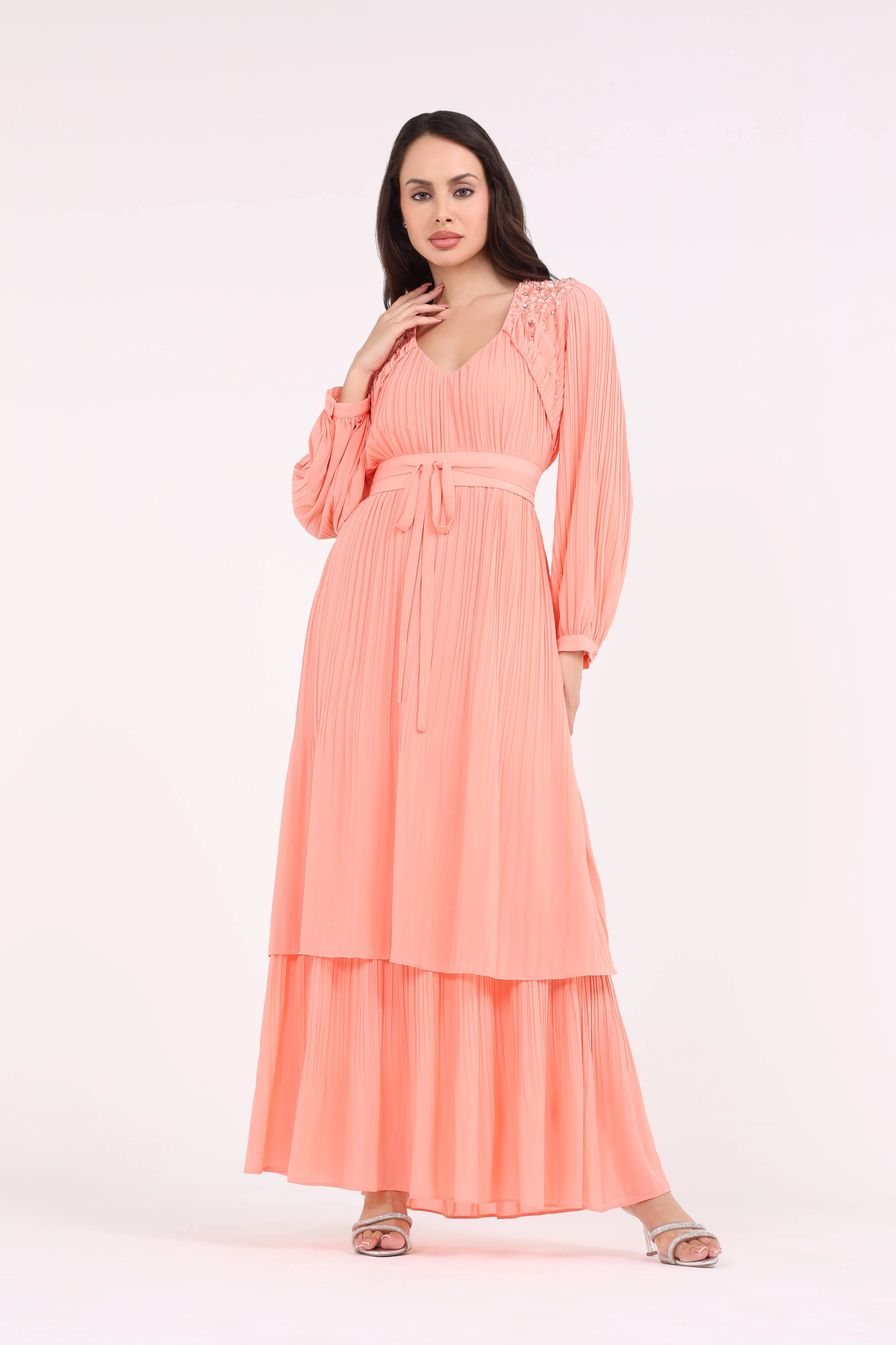 2406192-Solid Embellished Shoulders Plisse Long Dress