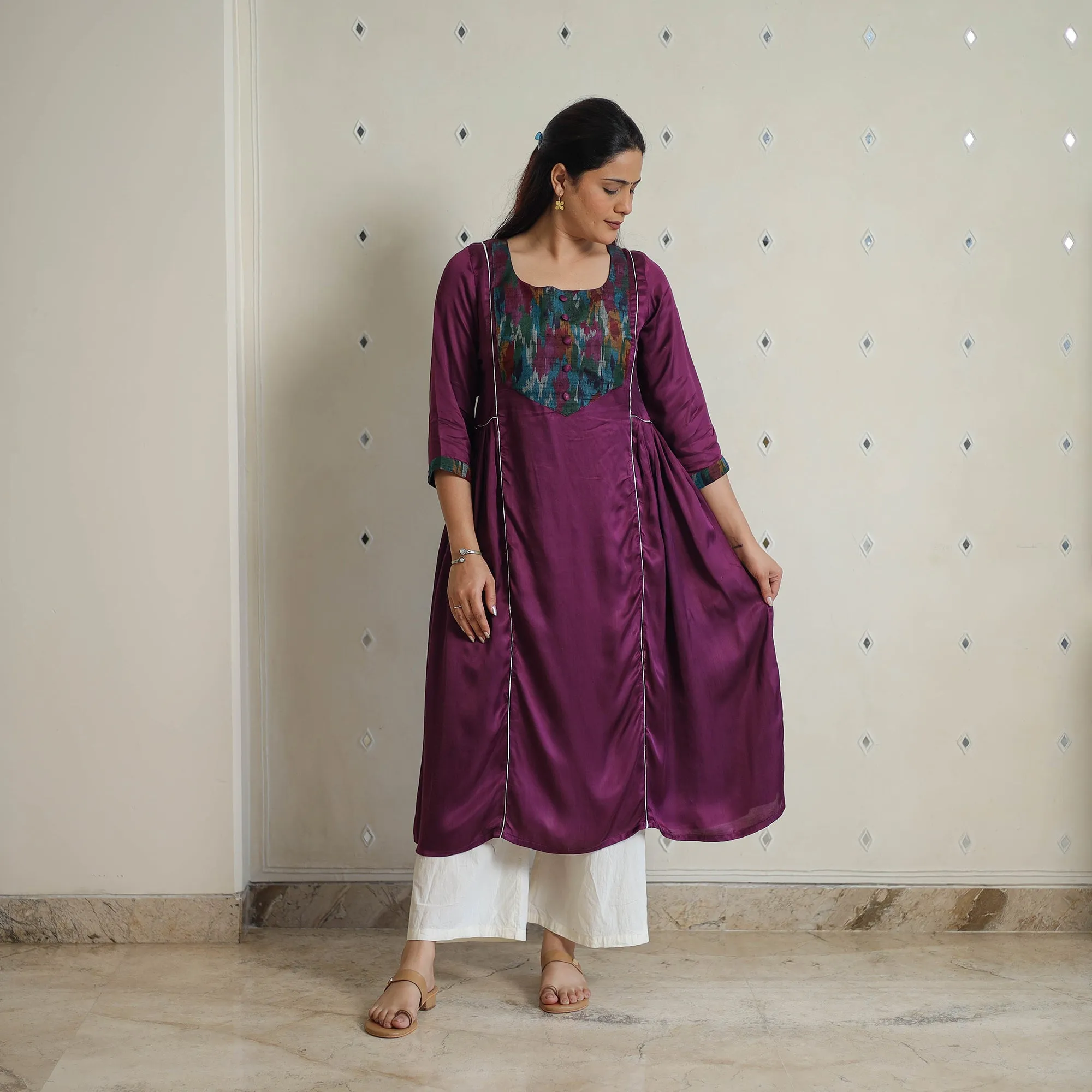 Aahana Dark Purple Modal Silk Plain A-line Kurta