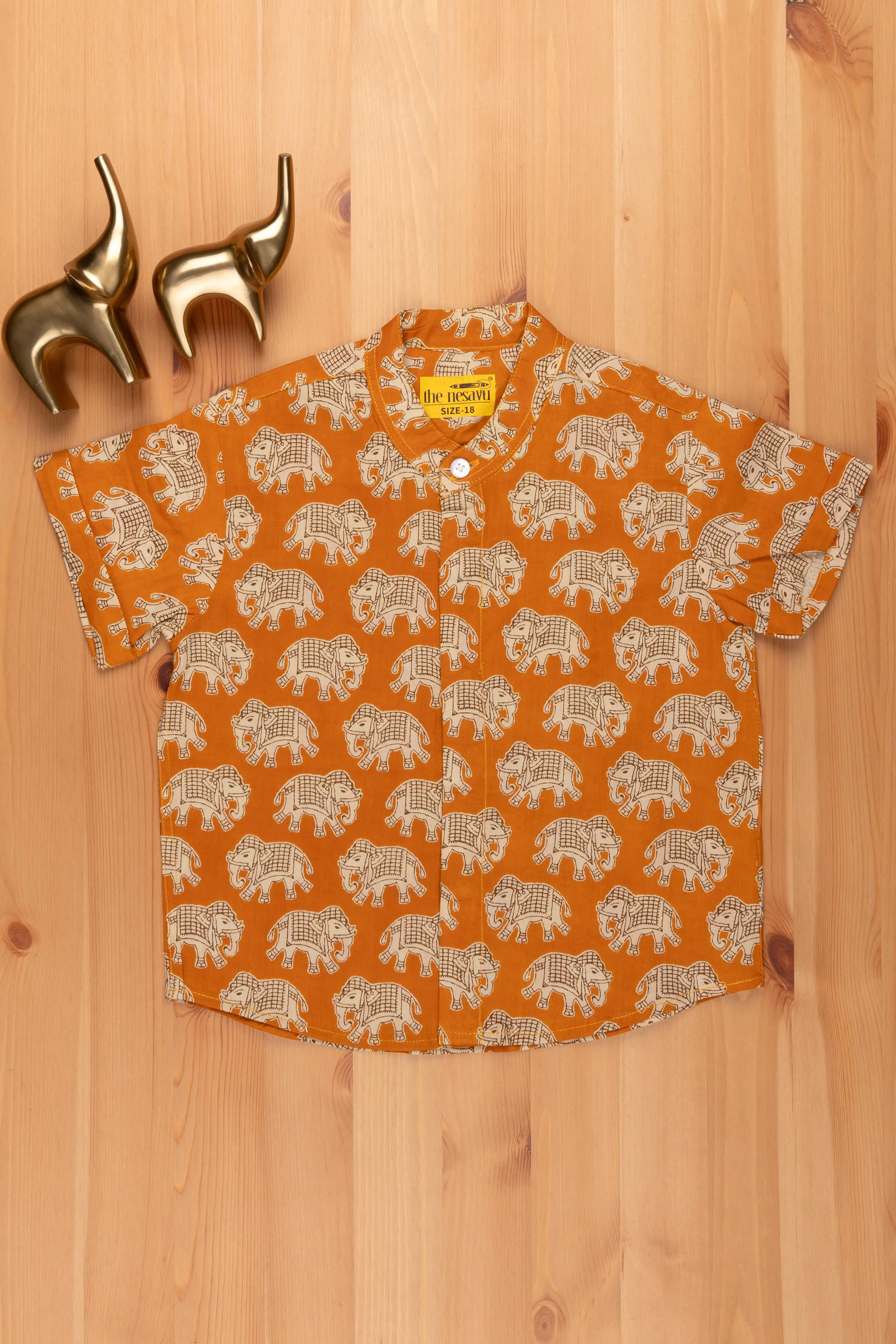 ALG. Boys Madhubani Elephant Printed Yellow Cotton Shirt by The Nesavu