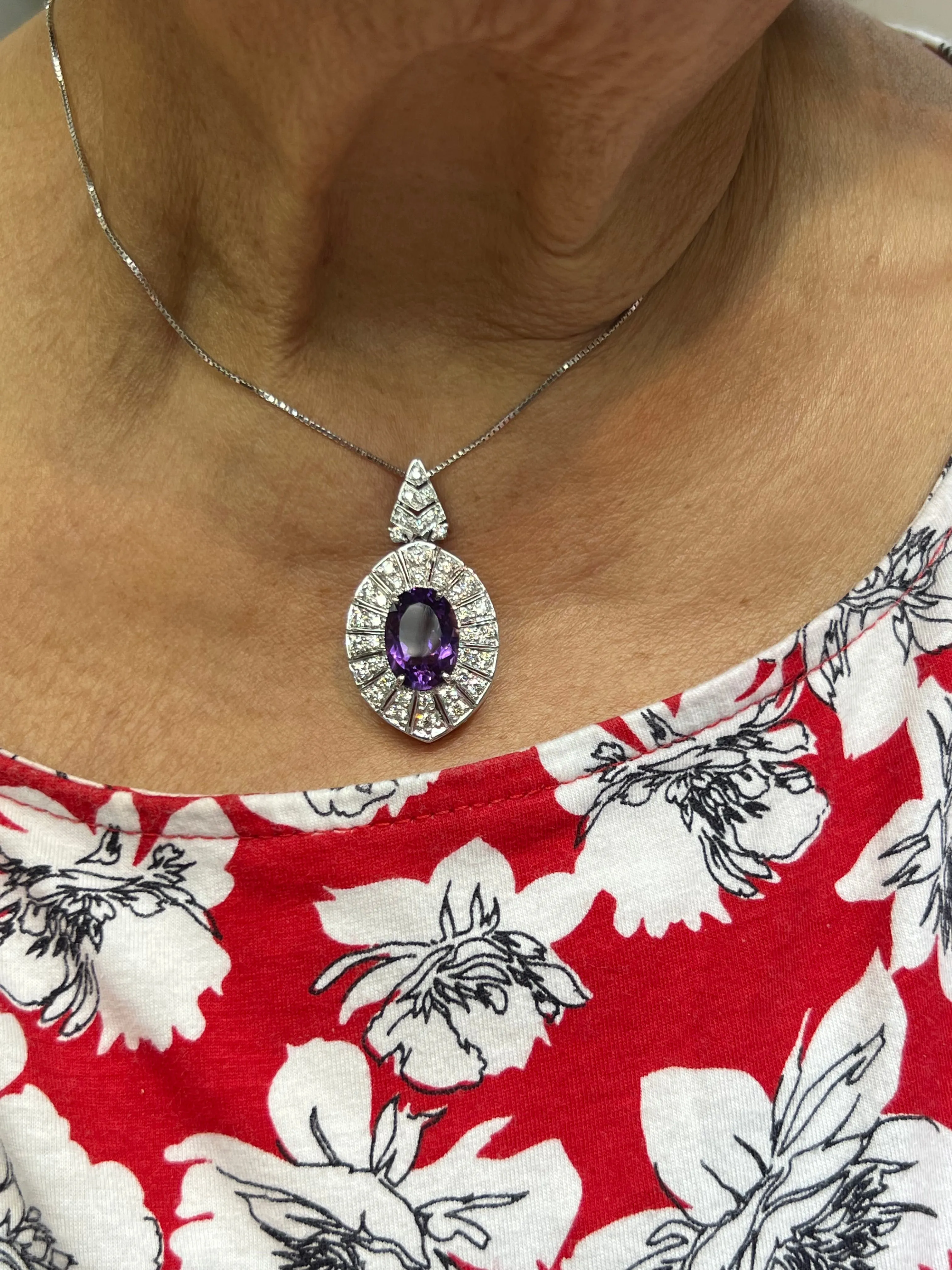 Amethyst Diamond White Gold Pendant Necklace