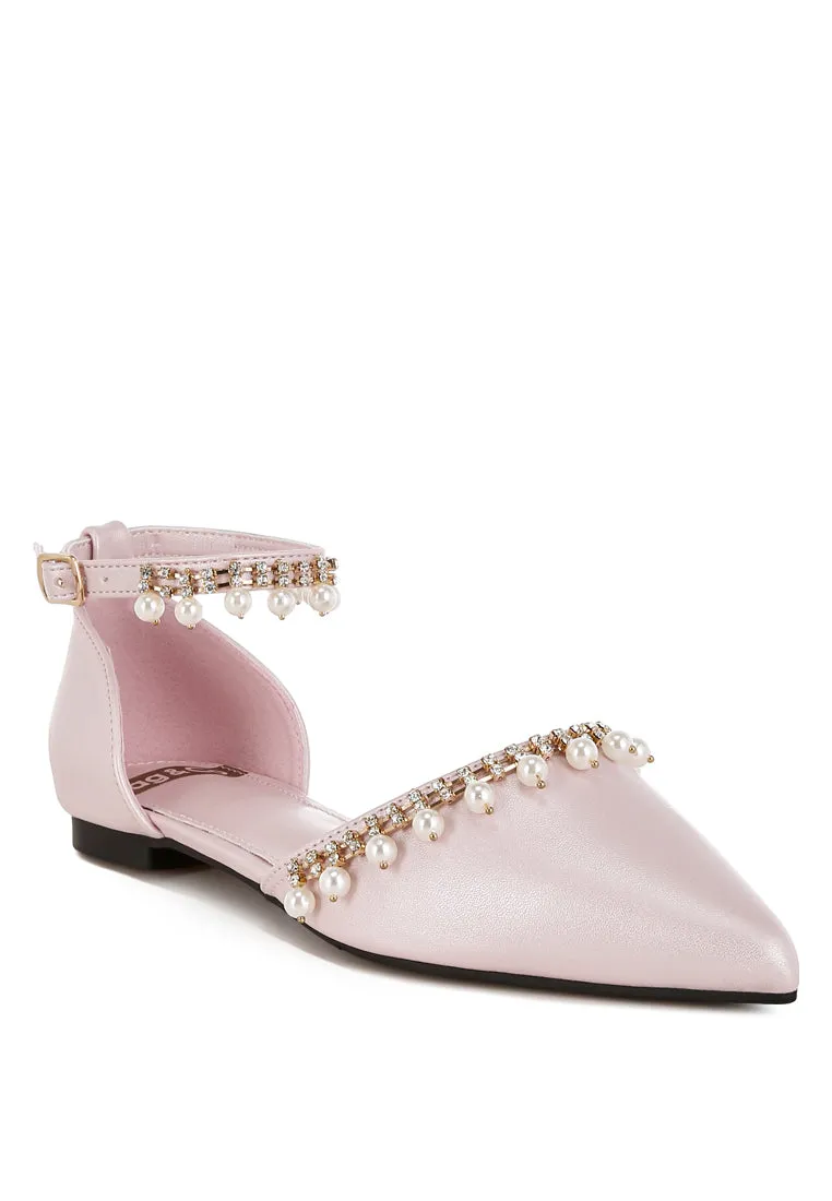 Aouva Rhinestone & Pearl Ankle Strap Flat Sandals