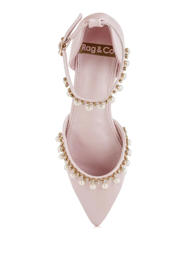 Aouva Rhinestone & Pearl Ankle Strap Flat Sandals