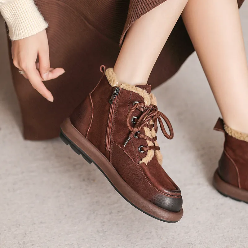 Babakud Women Winter Retro Fleece- Lined Leather Boots with Zipper