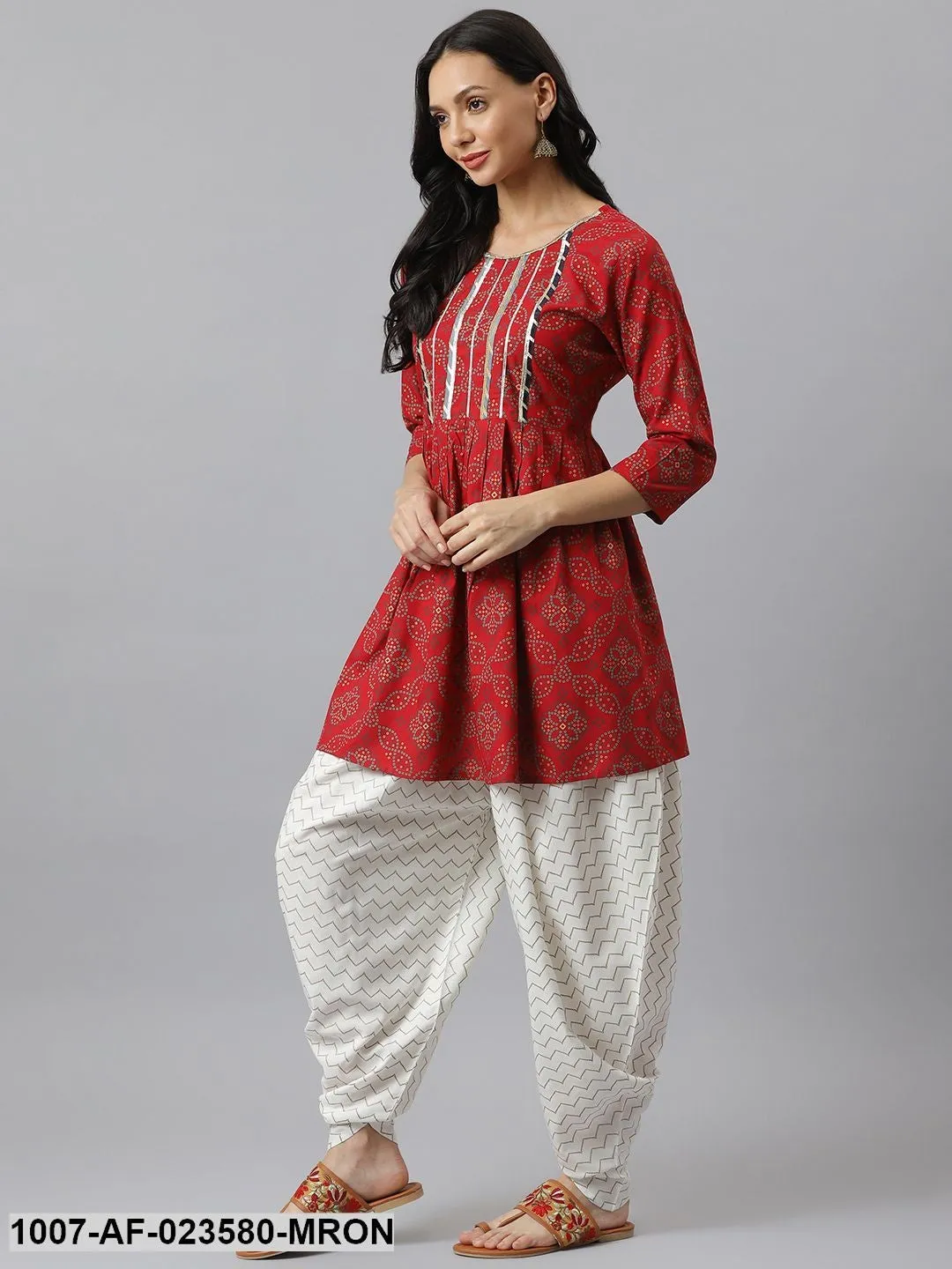 Bandhani Print Rayon Pleated Kurta Dhoti Pant Set