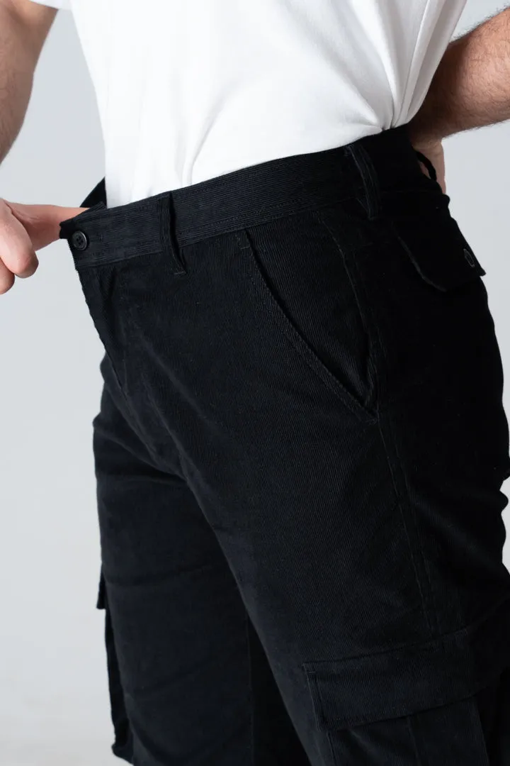 Black Corduroy Stretch Cargo Pants