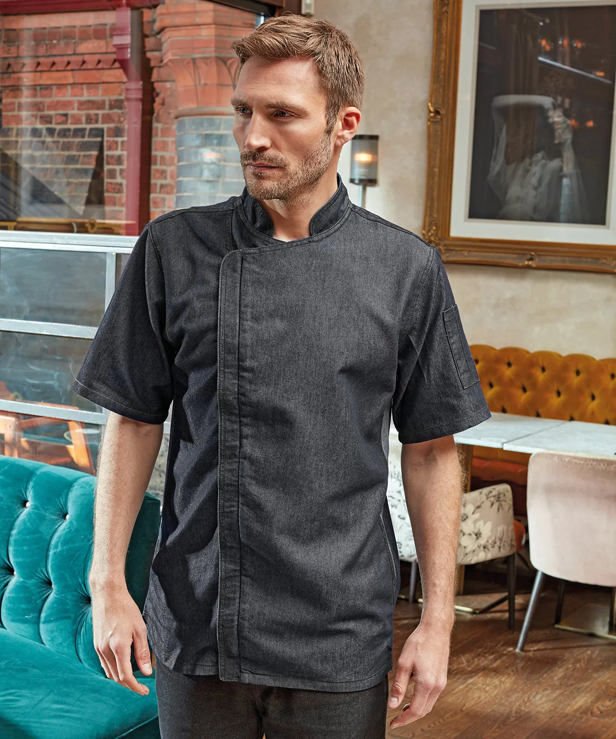 Black Denim - Chef's zip-close short sleeve jacket