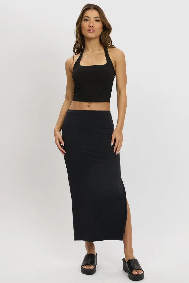 Black Midi Skirt High Rise Supersoft Lined