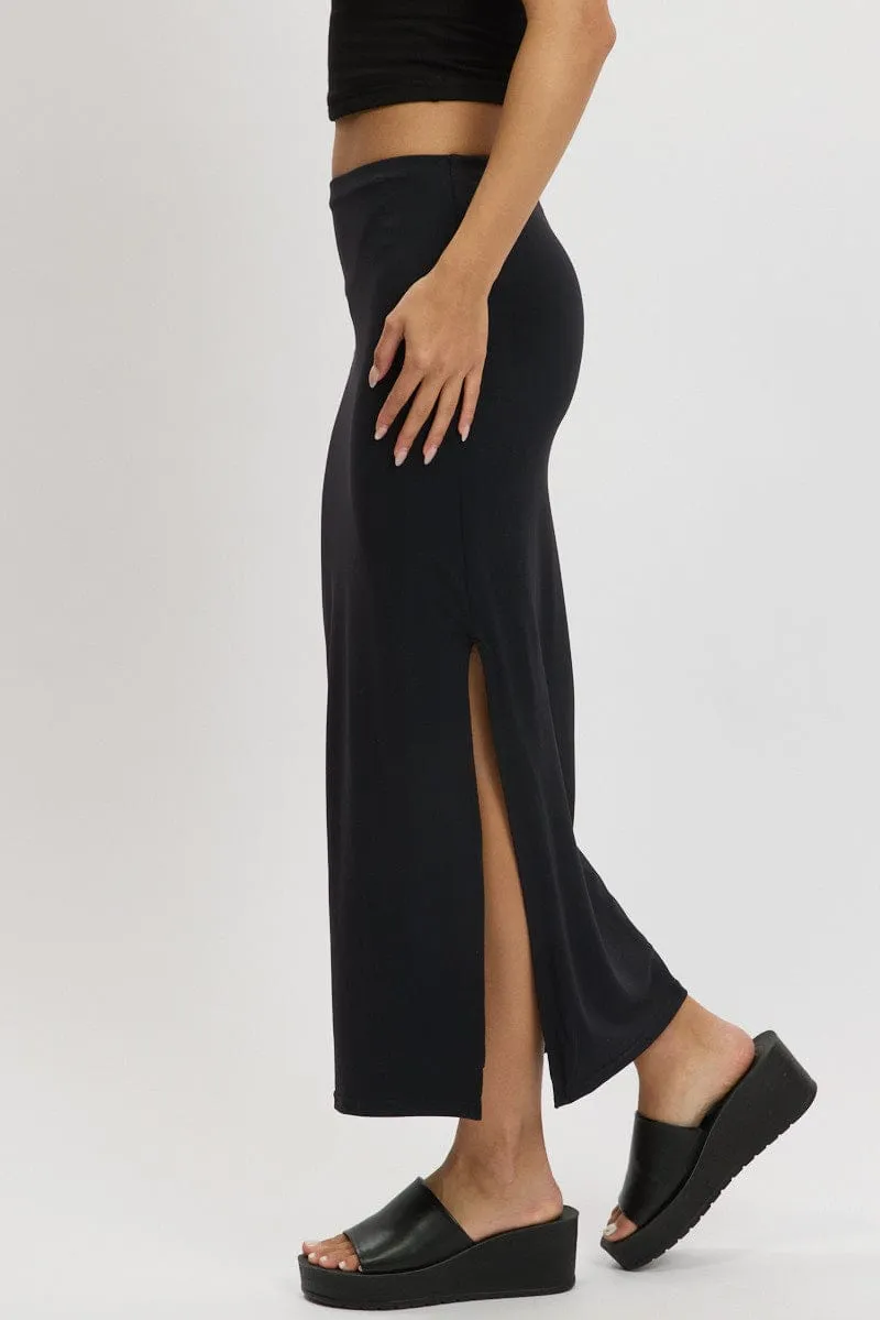 Black Midi Skirt High Rise Supersoft Lined