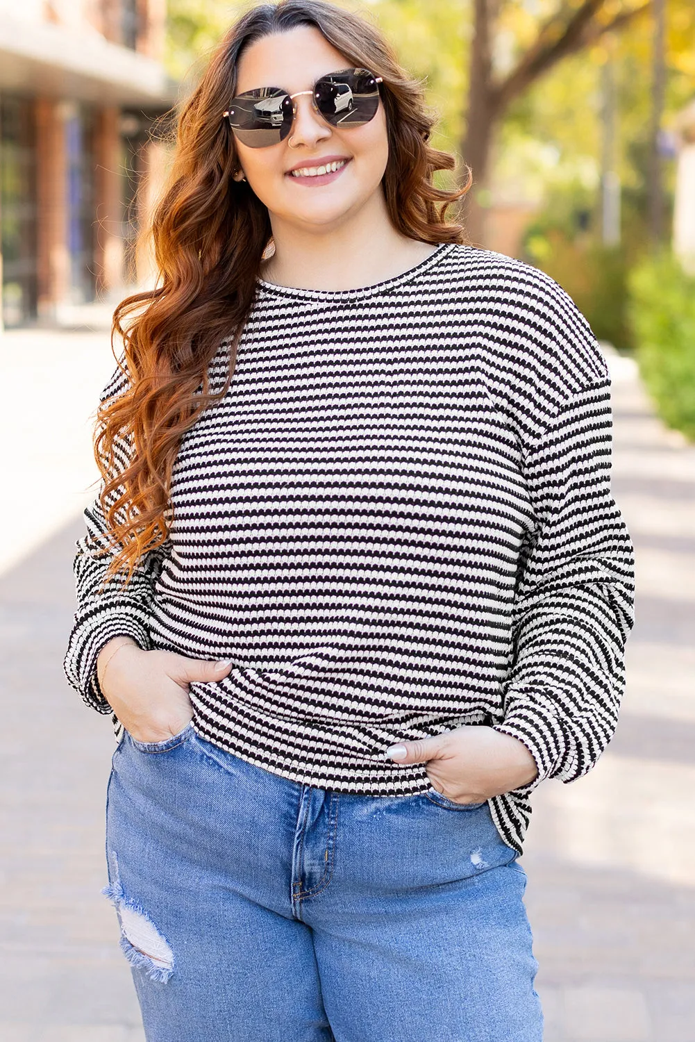 Black Stripe Drop Shoulder Puff Long Sleeve O Neck Plus Size T Shirt