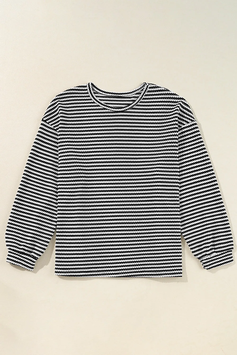 Black Stripe Drop Shoulder Puff Long Sleeve O Neck Plus Size T Shirt