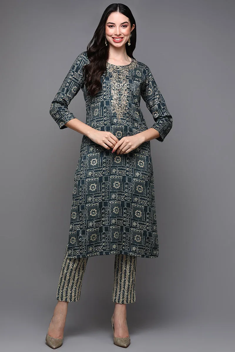 Blue Silk Blend Ethnic Motifs Straight Kurta