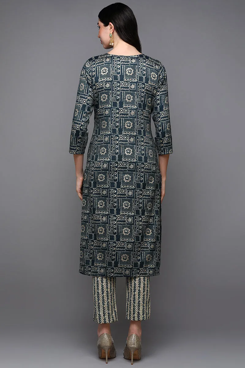 Blue Silk Blend Ethnic Motifs Straight Kurta