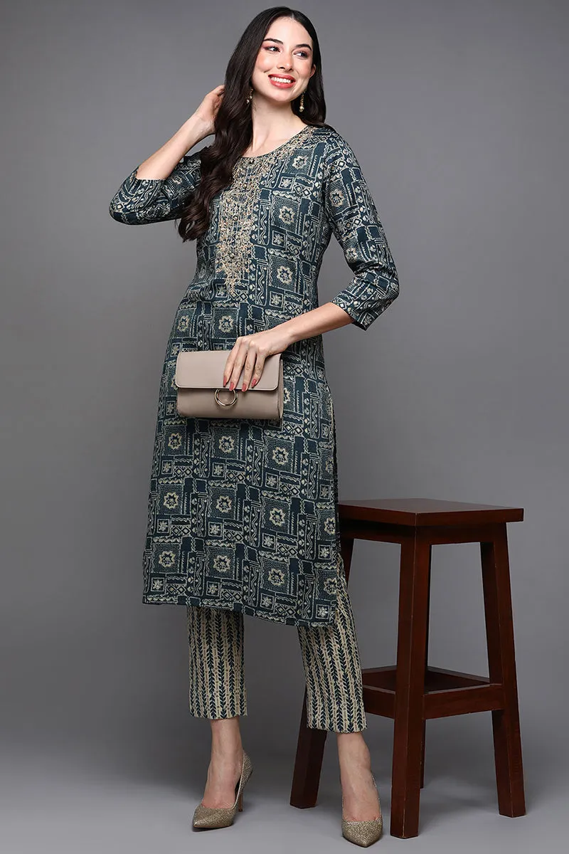 Blue Silk Blend Ethnic Motifs Straight Kurta