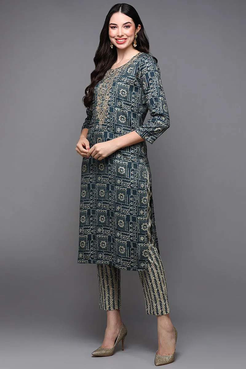 Blue Silk Blend Ethnic Motifs Straight Kurta