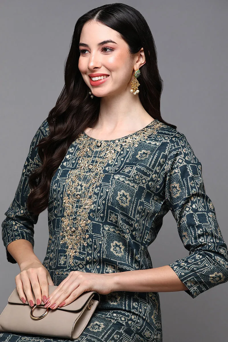 Blue Silk Blend Ethnic Motifs Straight Kurta