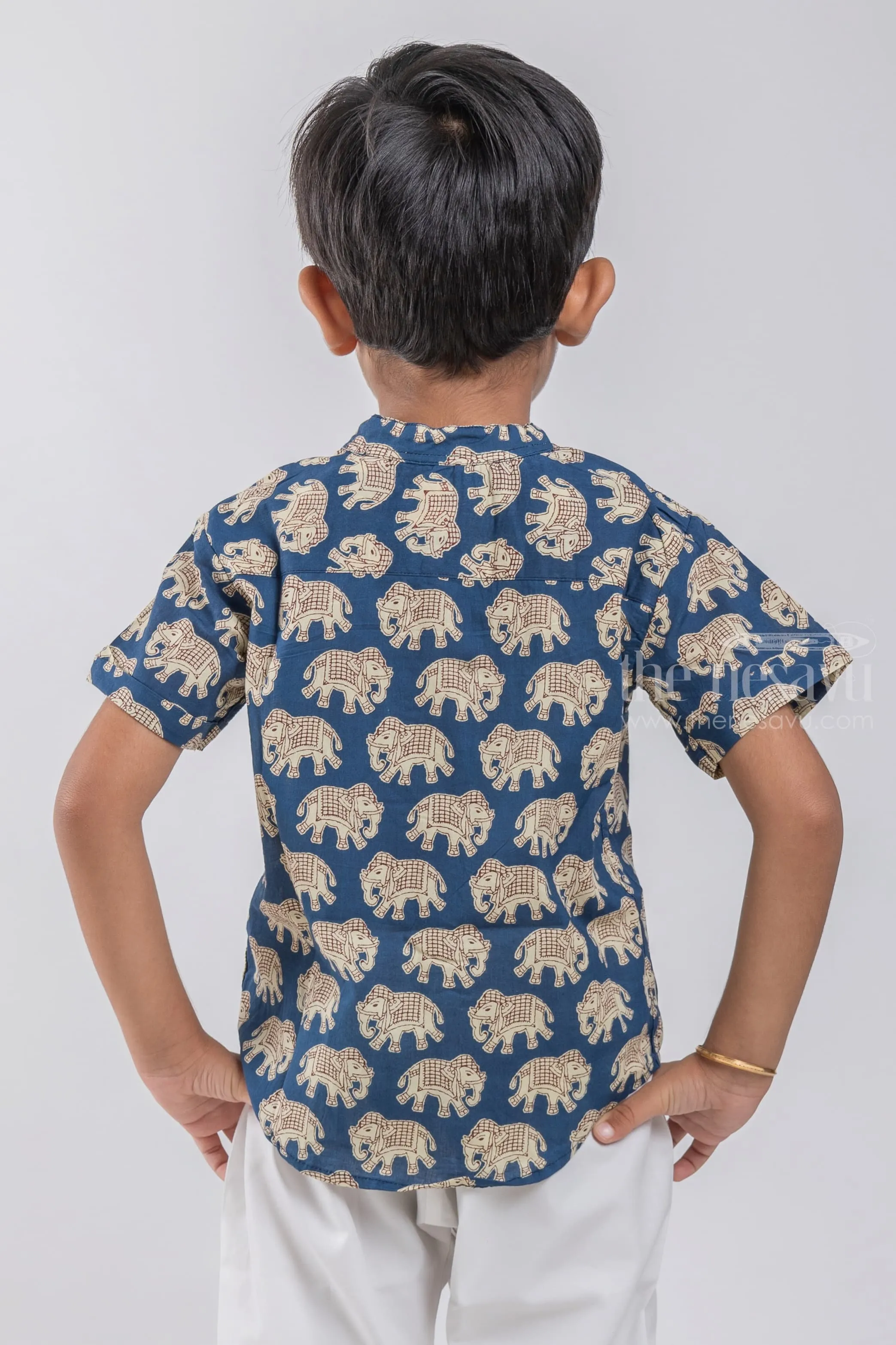 Boys Madhubani Elephant Printed Blue Cotton Shirt by The Nesavu