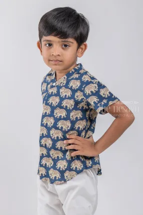 Boys Madhubani Elephant Printed Blue Cotton Shirt by The Nesavu