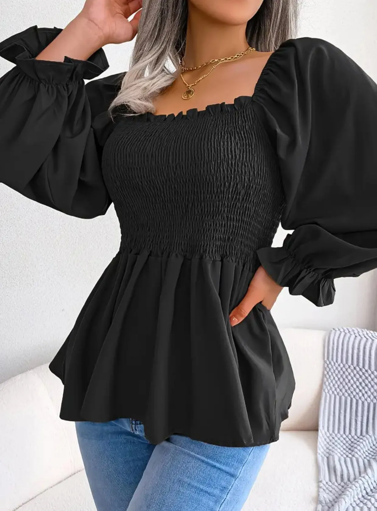 Casual Peplum Top with Lantern Sleeves