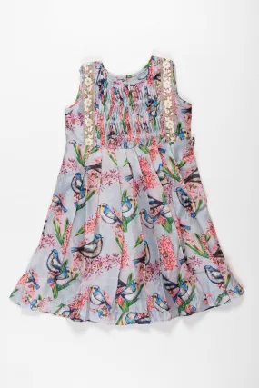 Charming Bird & Floral Printed Cotton Frock for Girls - Fresh Spring Collection