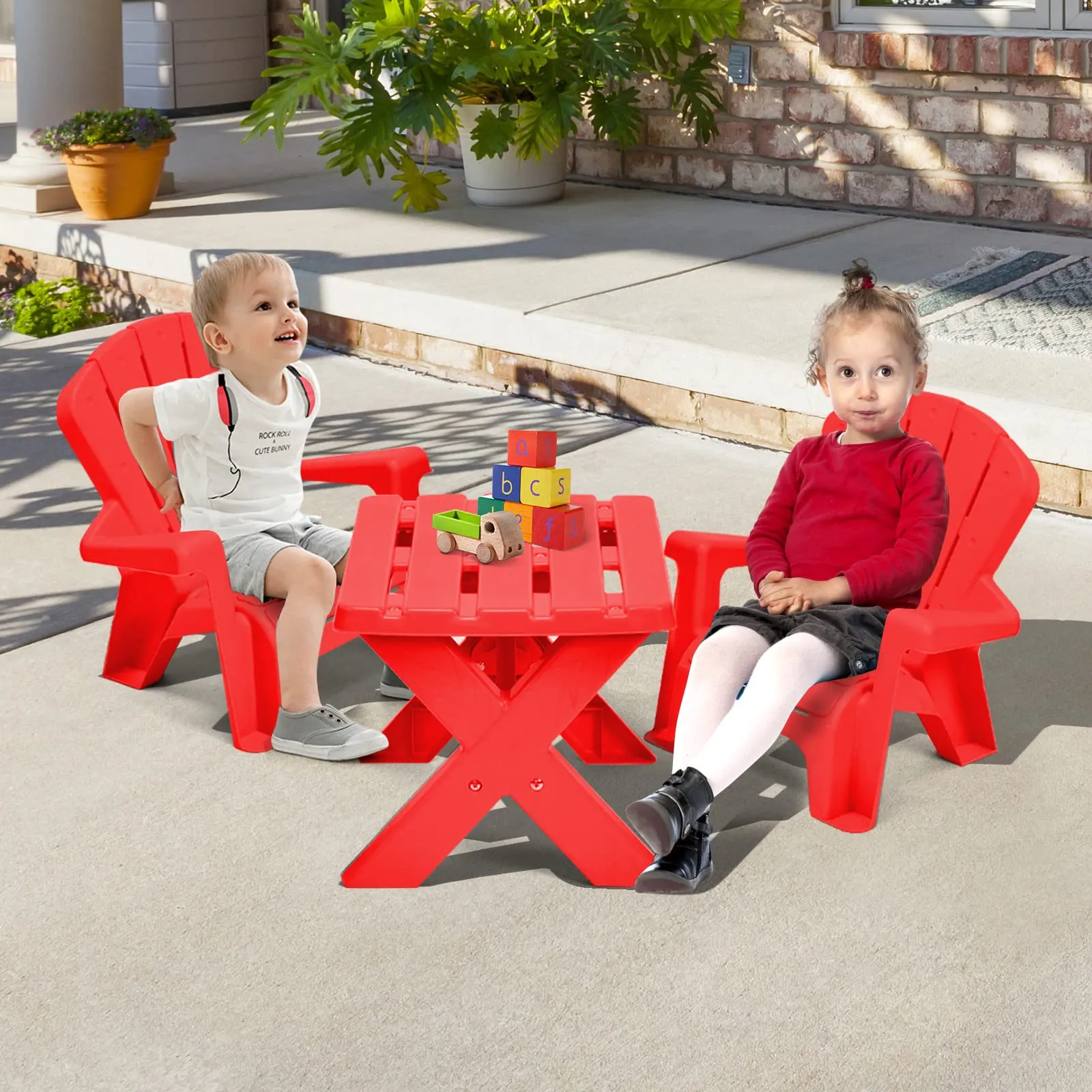 COSTWAY Kids Outdoor Table & Chair Set, Toddler Play Table with 2 Adirondack Chairs, 3 Pcs Kids Backyard Furniture, Stackable Design for Saving Space, for Beach, Garden, Lawn (Red)