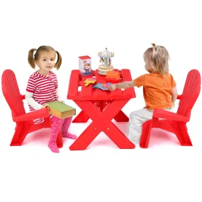 COSTWAY Kids Outdoor Table & Chair Set, Toddler Play Table with 2 Adirondack Chairs, 3 Pcs Kids Backyard Furniture, Stackable Design for Saving Space, for Beach, Garden, Lawn (Red)