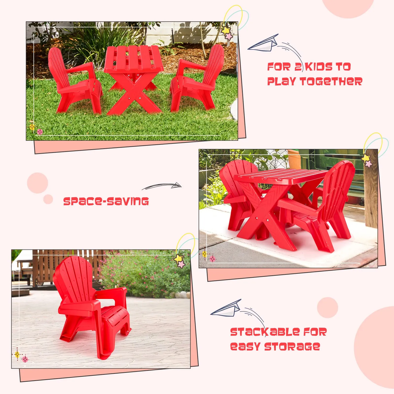 COSTWAY Kids Outdoor Table & Chair Set, Toddler Play Table with 2 Adirondack Chairs, 3 Pcs Kids Backyard Furniture, Stackable Design for Saving Space, for Beach, Garden, Lawn (Red)