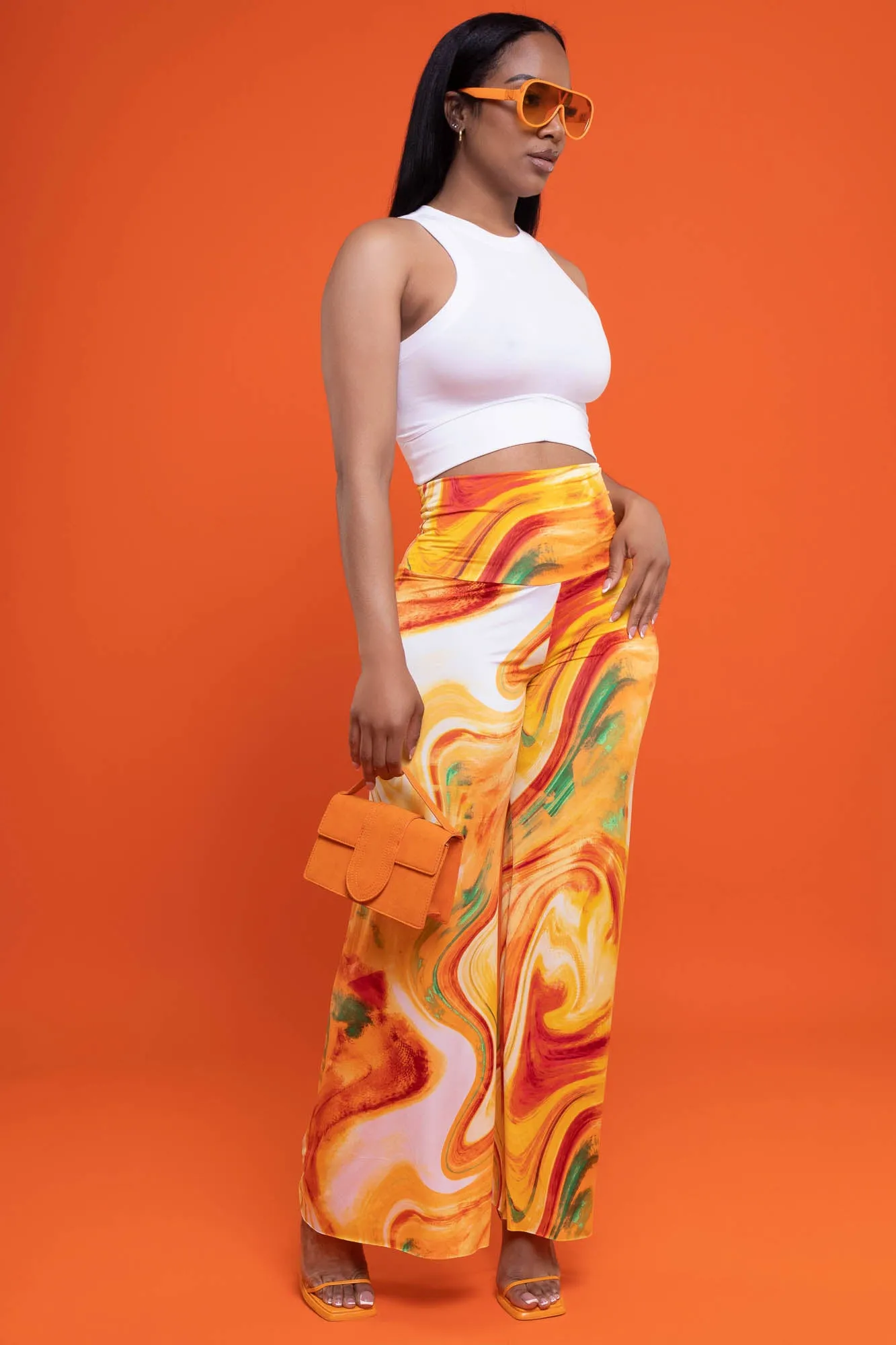 Daybreak High Waist BBL Print Palazzo Pants - Orange