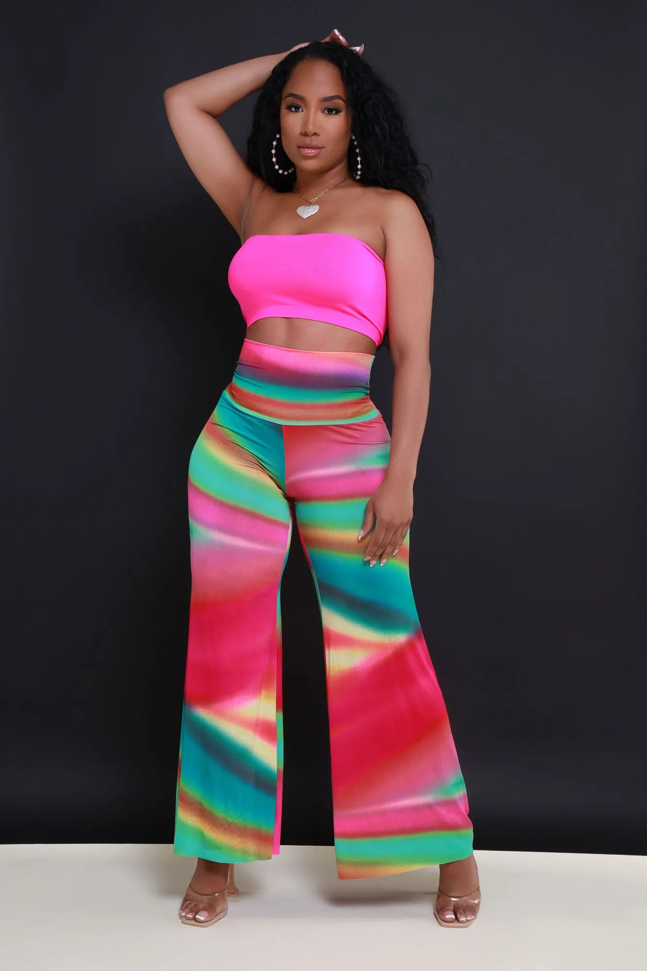 Daybreak High Waist BBL Print Palazzo Pants - Pink Rainbow