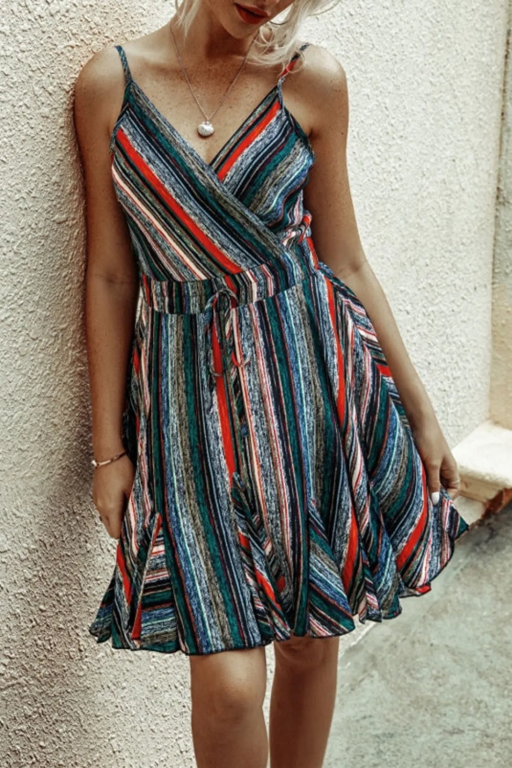 elveswallet Coloful Stripe V Neck Slip Dress