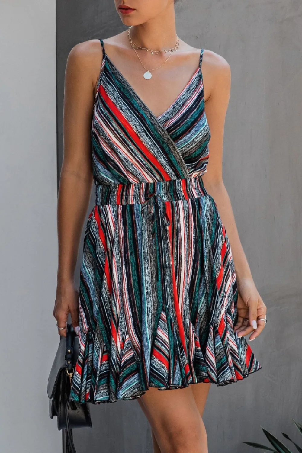 elveswallet Coloful Stripe V Neck Slip Dress