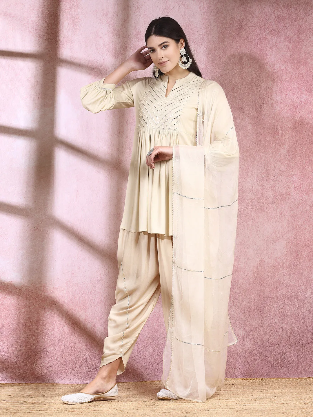 Embroidered & Embellished Rayon Pleated Kurti With Dhoti Pant & Dupatta