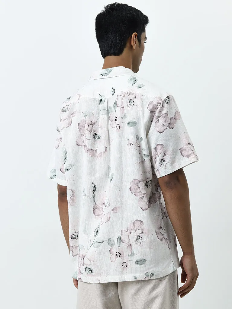 ETA White Floral Printed Relaxed-Fit Cotton Blend Shirt