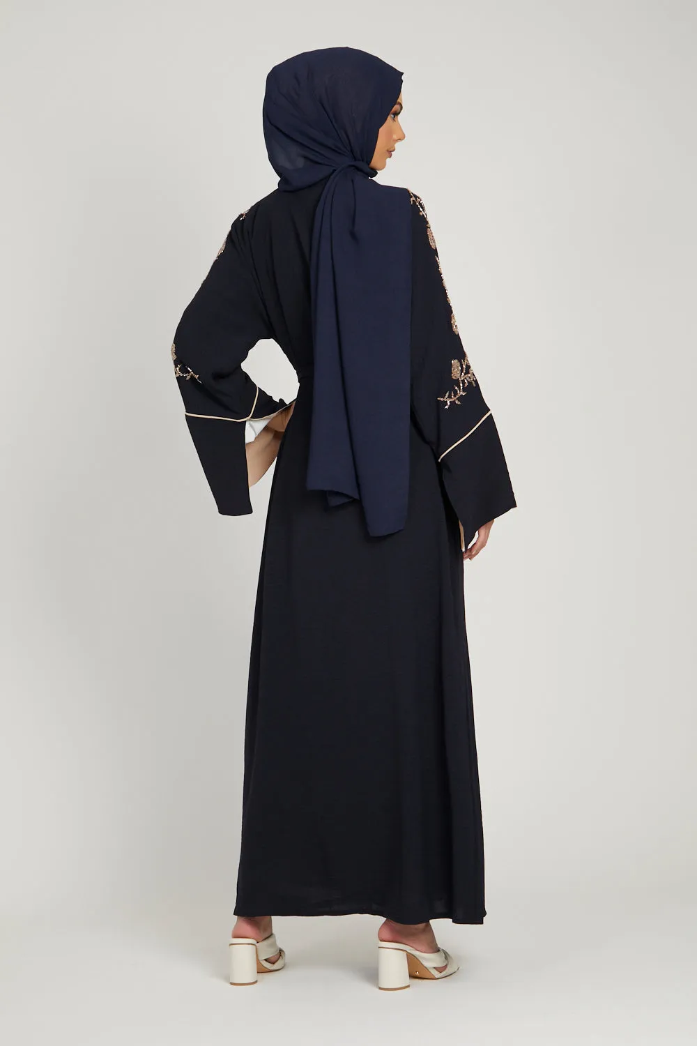 Floral Embellished Contrast Cuff Open Abaya - Deep Navy