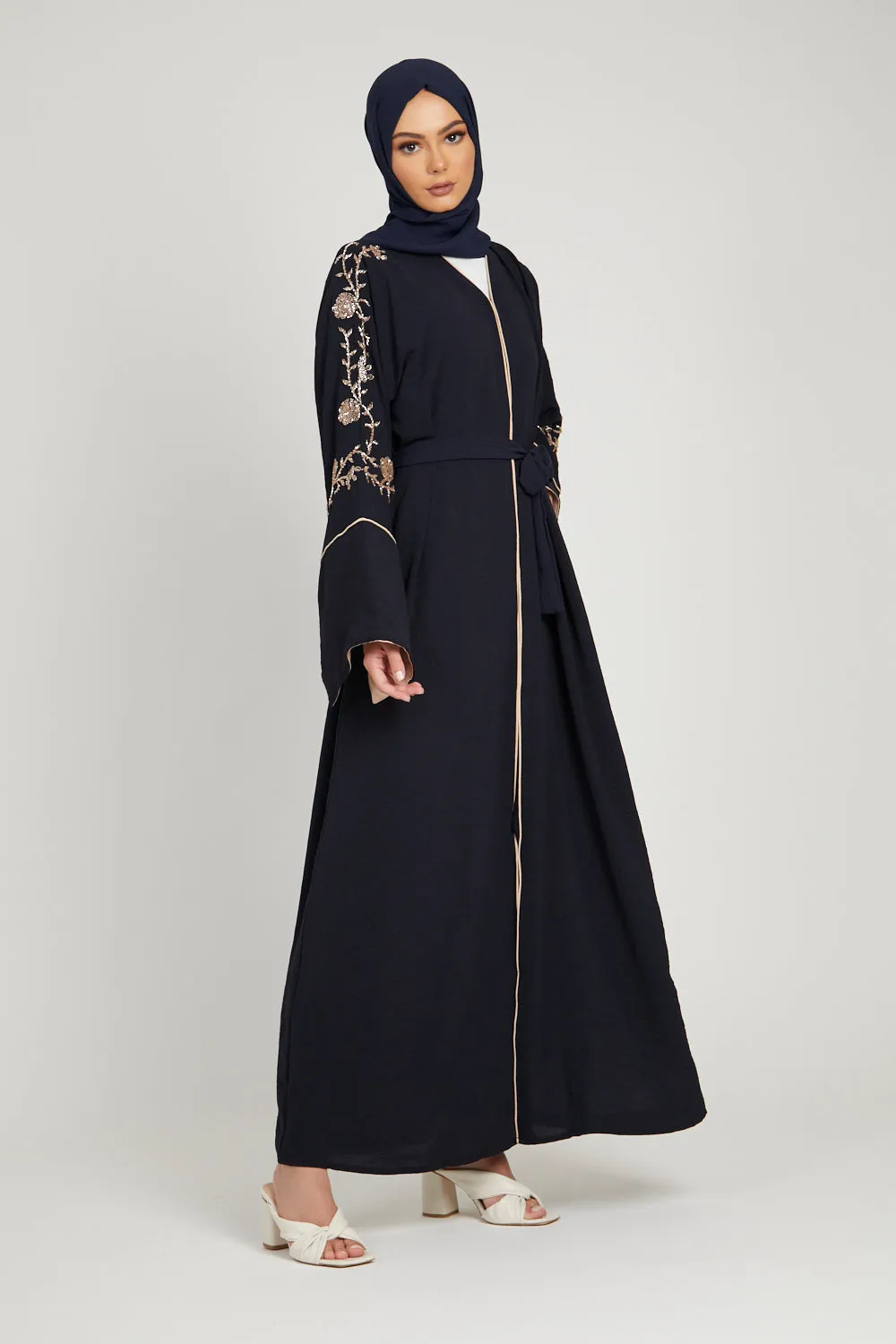 Floral Embellished Contrast Cuff Open Abaya - Deep Navy