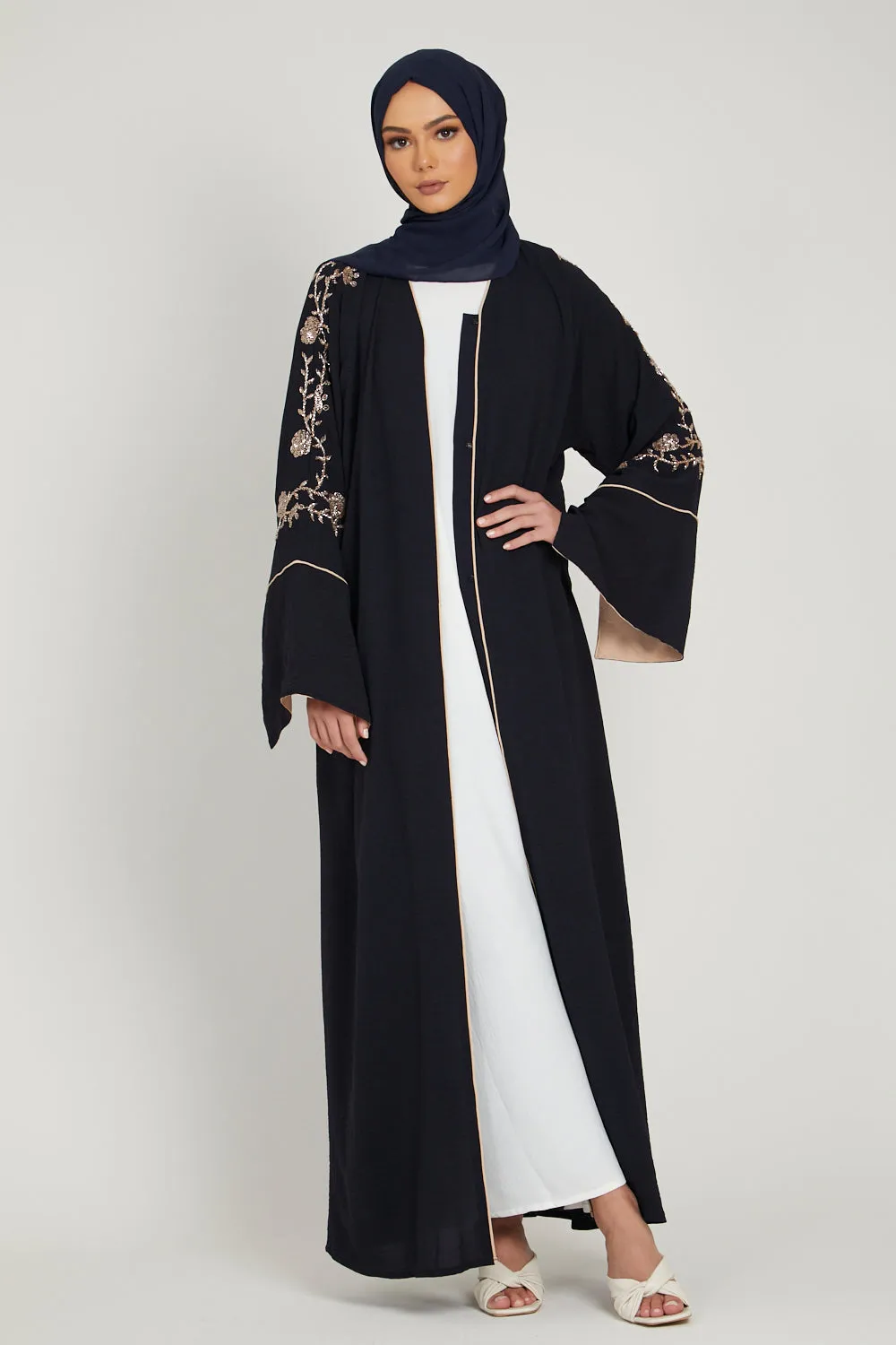 Floral Embellished Contrast Cuff Open Abaya - Deep Navy