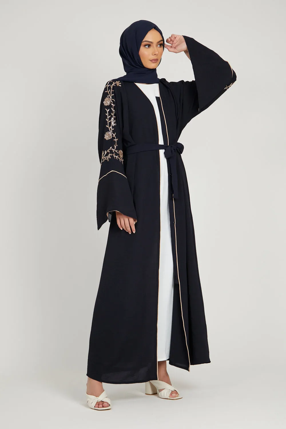 Floral Embellished Contrast Cuff Open Abaya - Deep Navy