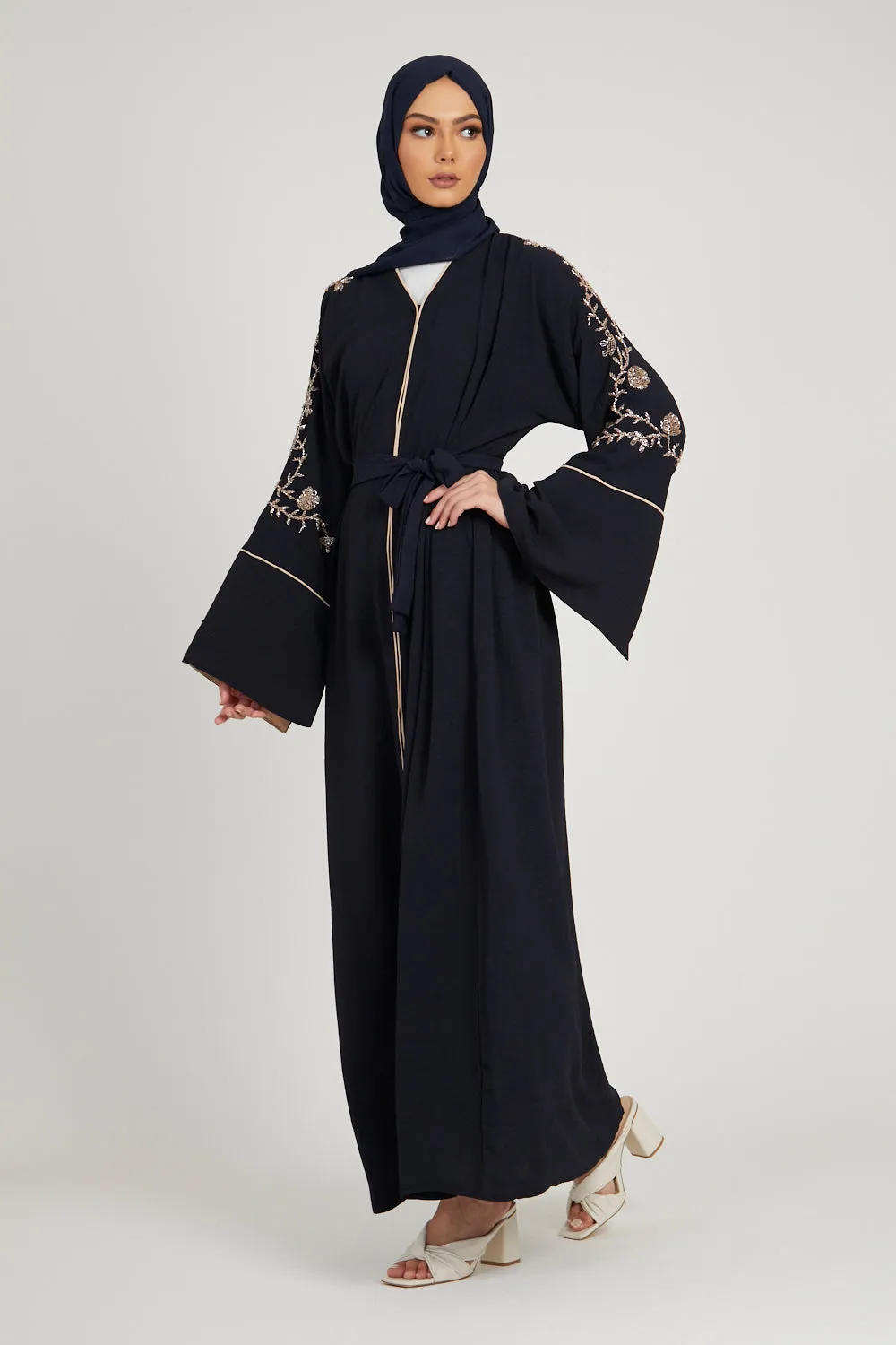 Floral Embellished Contrast Cuff Open Abaya - Deep Navy