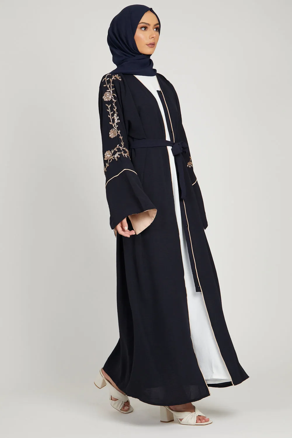 Floral Embellished Contrast Cuff Open Abaya - Deep Navy