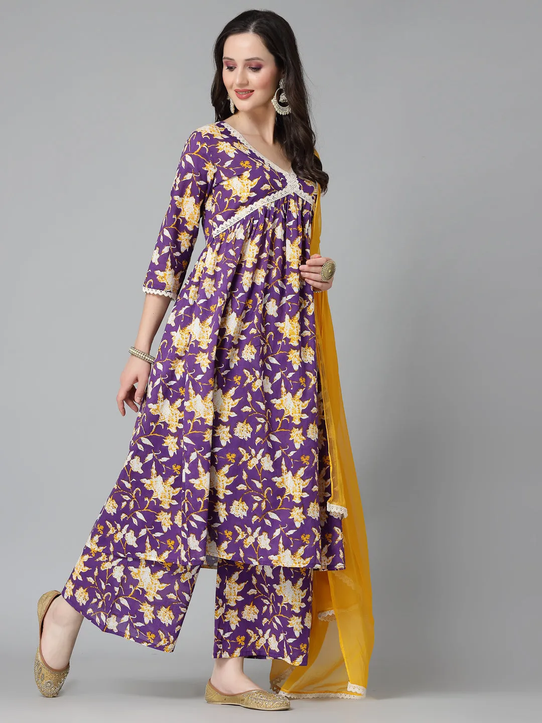 Floral Printed Cotton Pleated Kurta Palazzo Dupatta Set