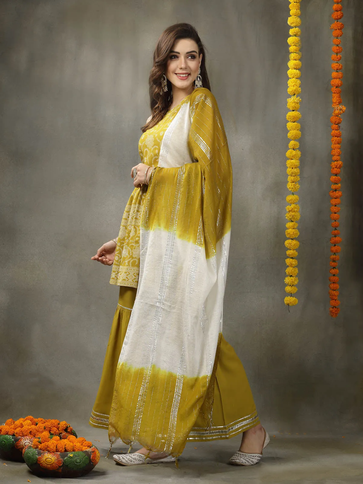 Floral Printed Rayon Pleated Kurta Sharara Dupatta Set