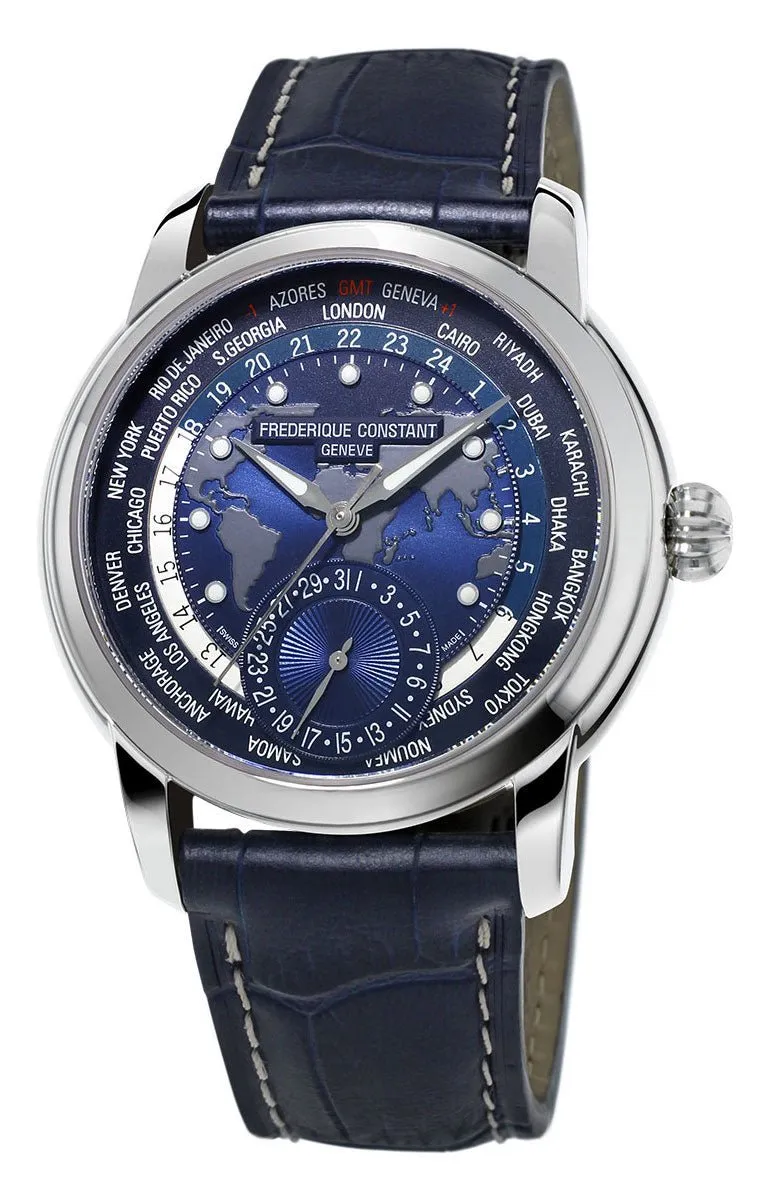 Frederique Constant Classic Worldtimer Manufacture Automatic Blue Dial Blue Leather Strap Mens Watch FC-718NWM4H6