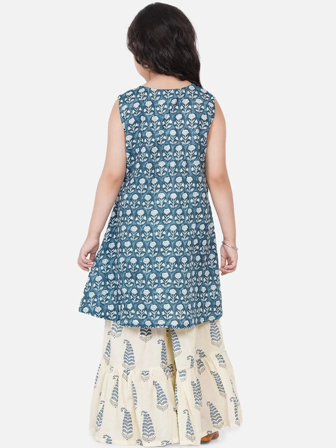 Girls Blue Floral Printed Pleated Kurta With Skirt