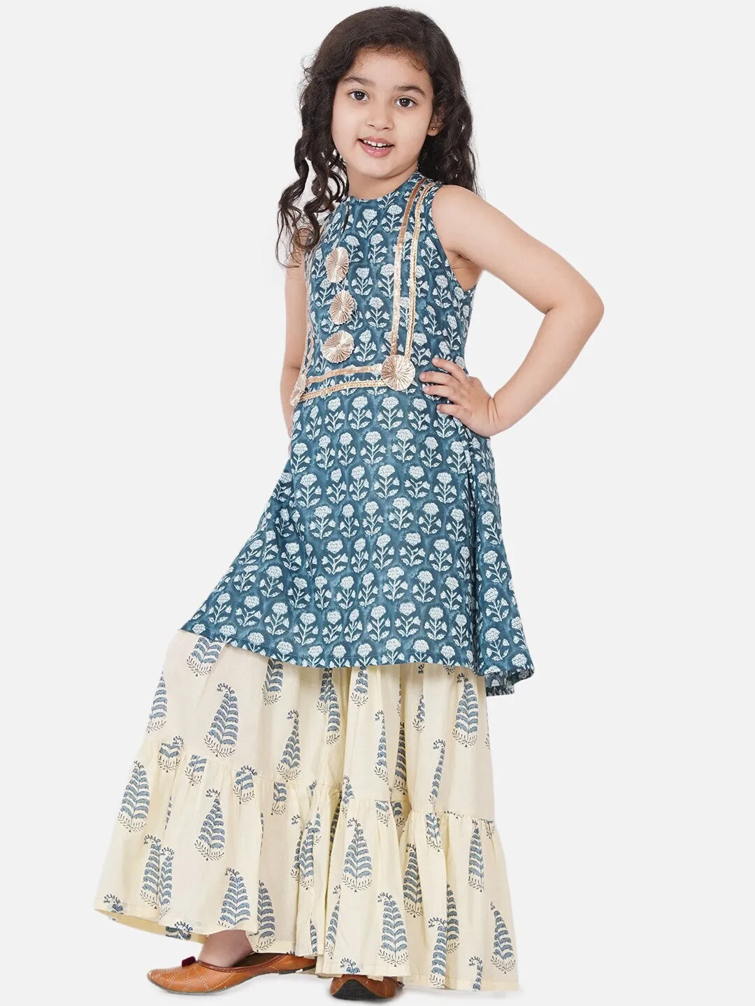 Girls Blue Floral Printed Pleated Kurta With Skirt