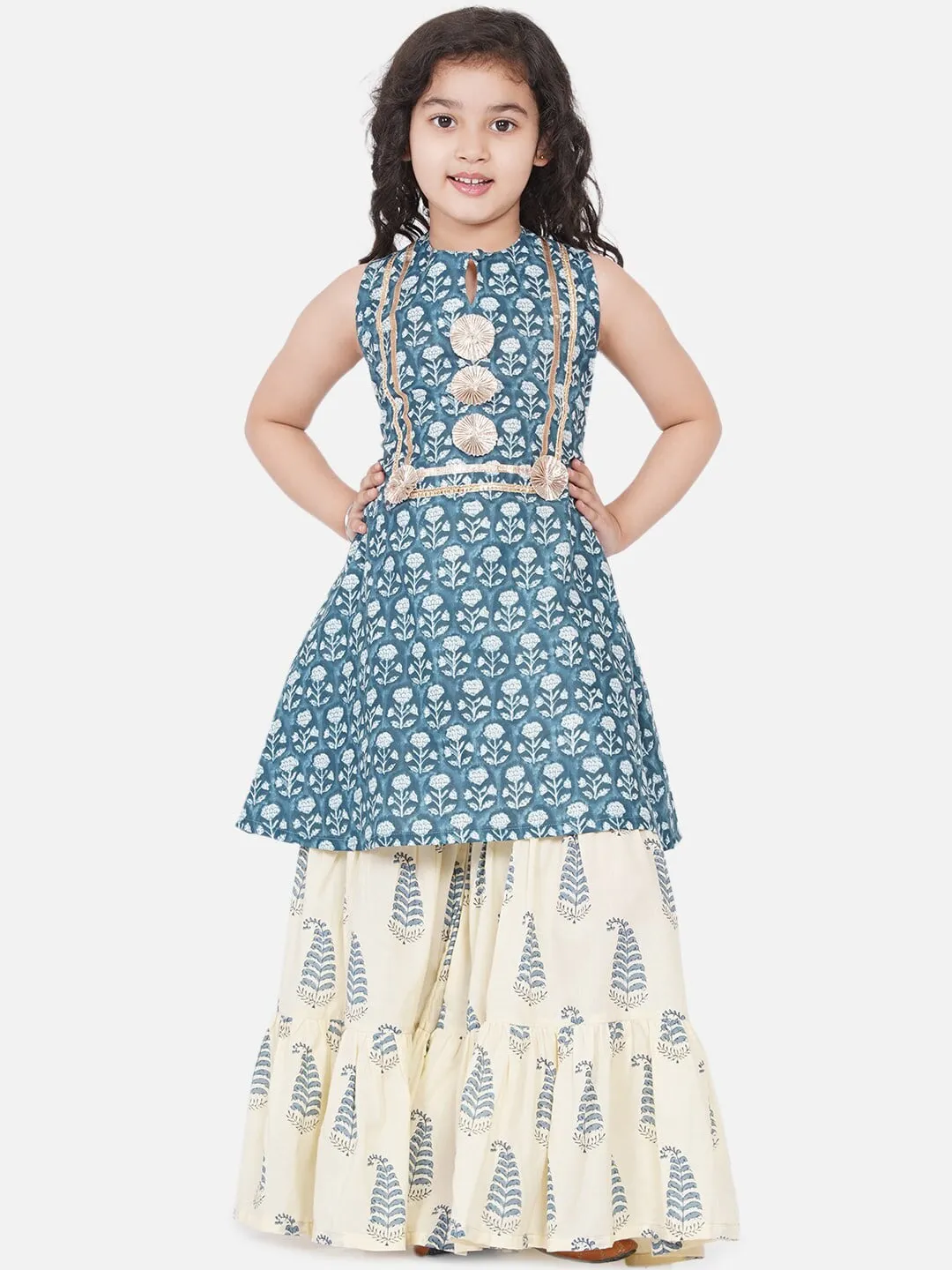 Girls Blue Floral Printed Pleated Kurta With Skirt