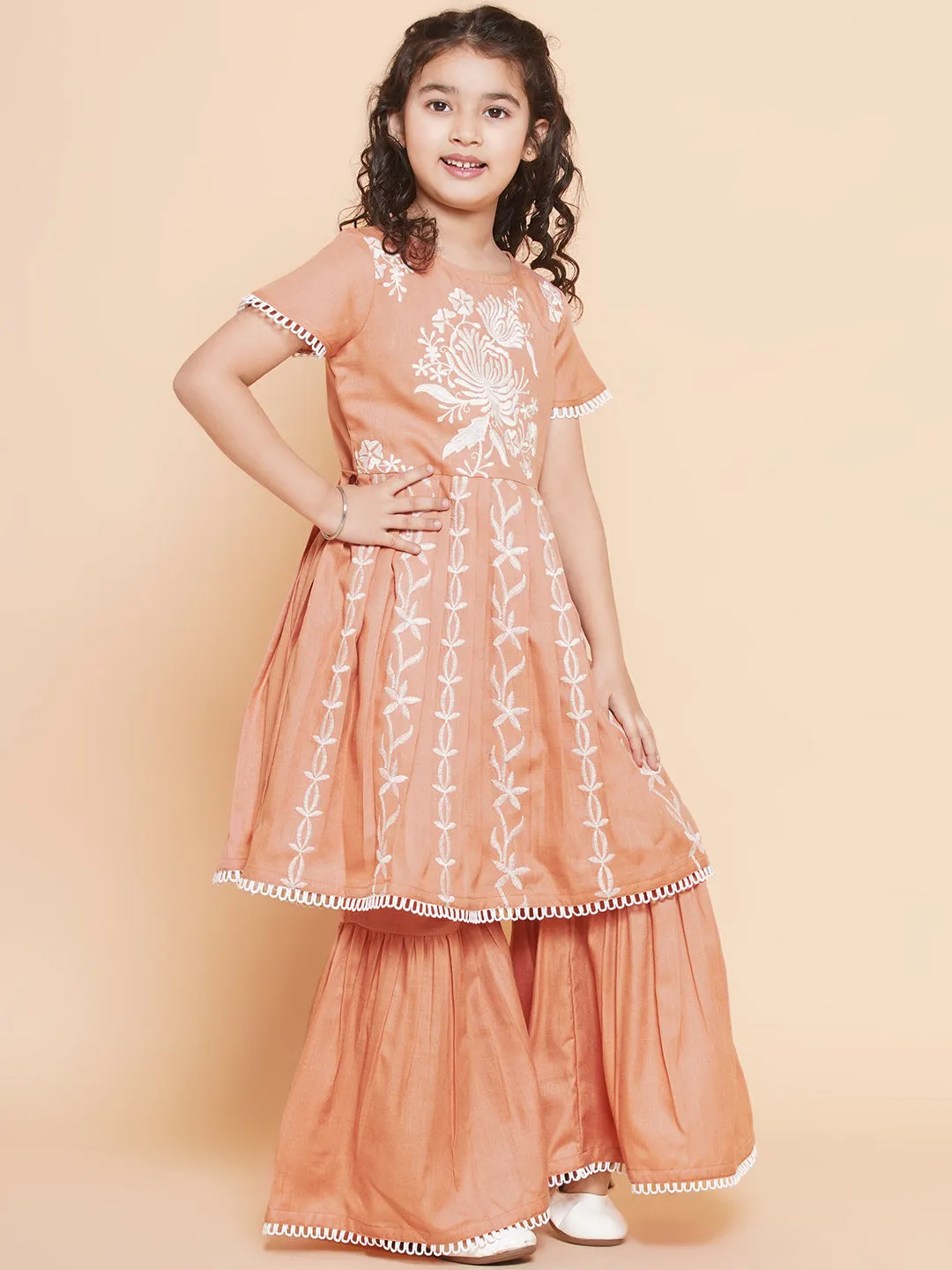 Girls Peach Floral Embroidered Kurta With Sharara