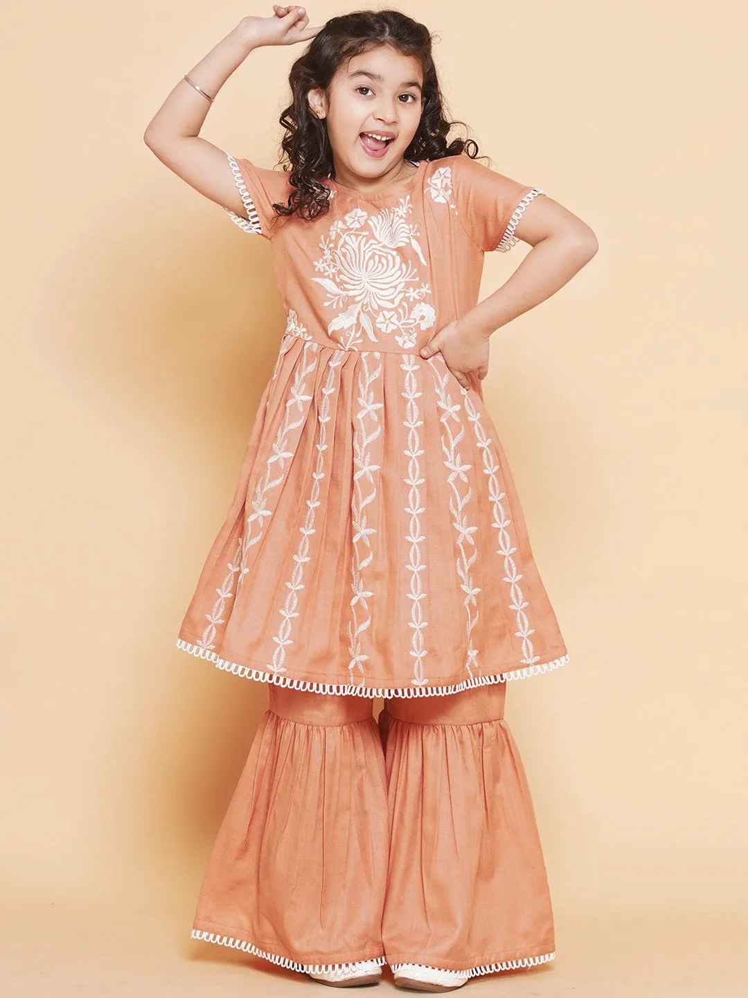 Girls Peach Floral Embroidered Kurta With Sharara