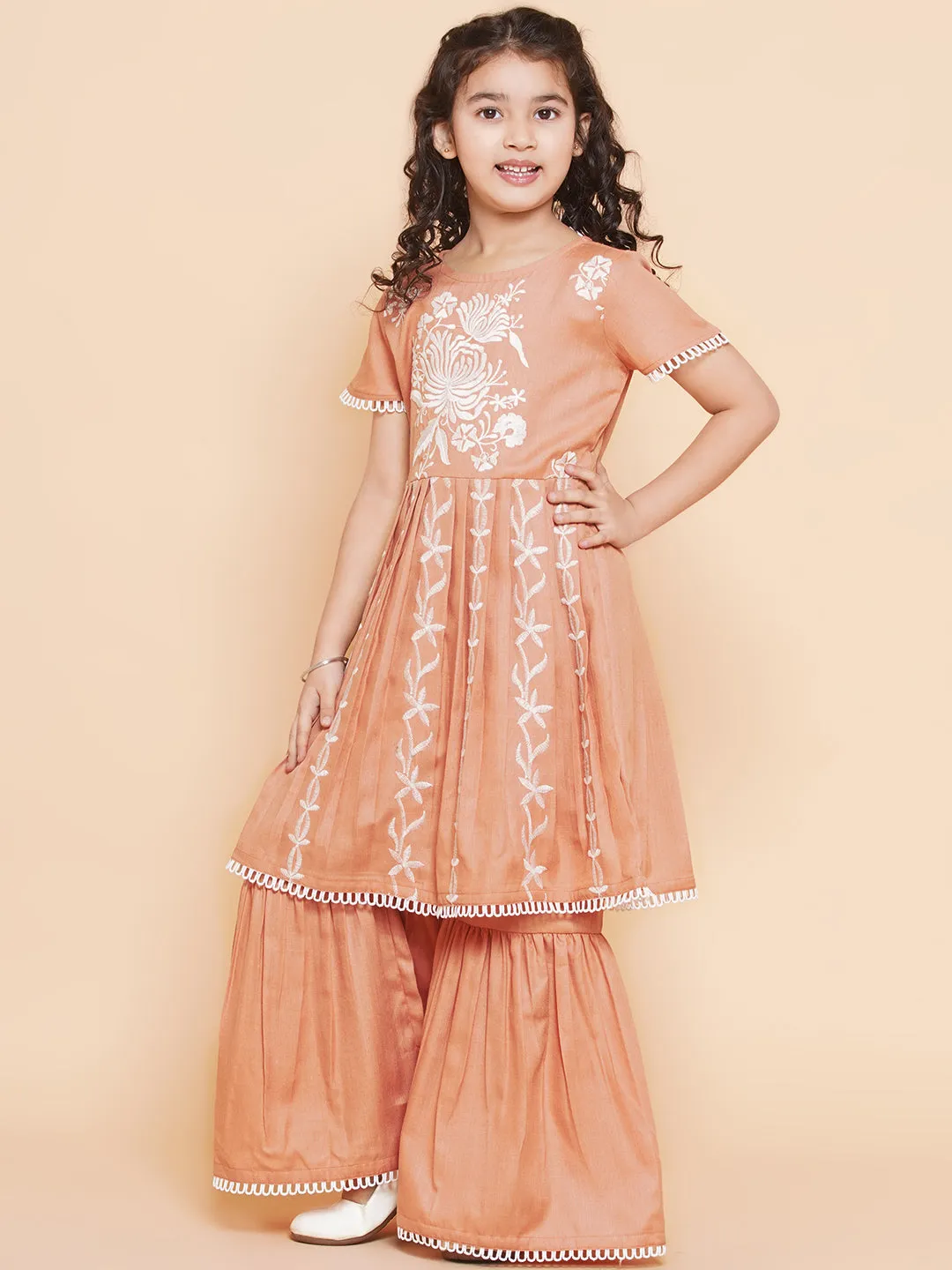 Girls Peach Floral Embroidered Kurta With Sharara